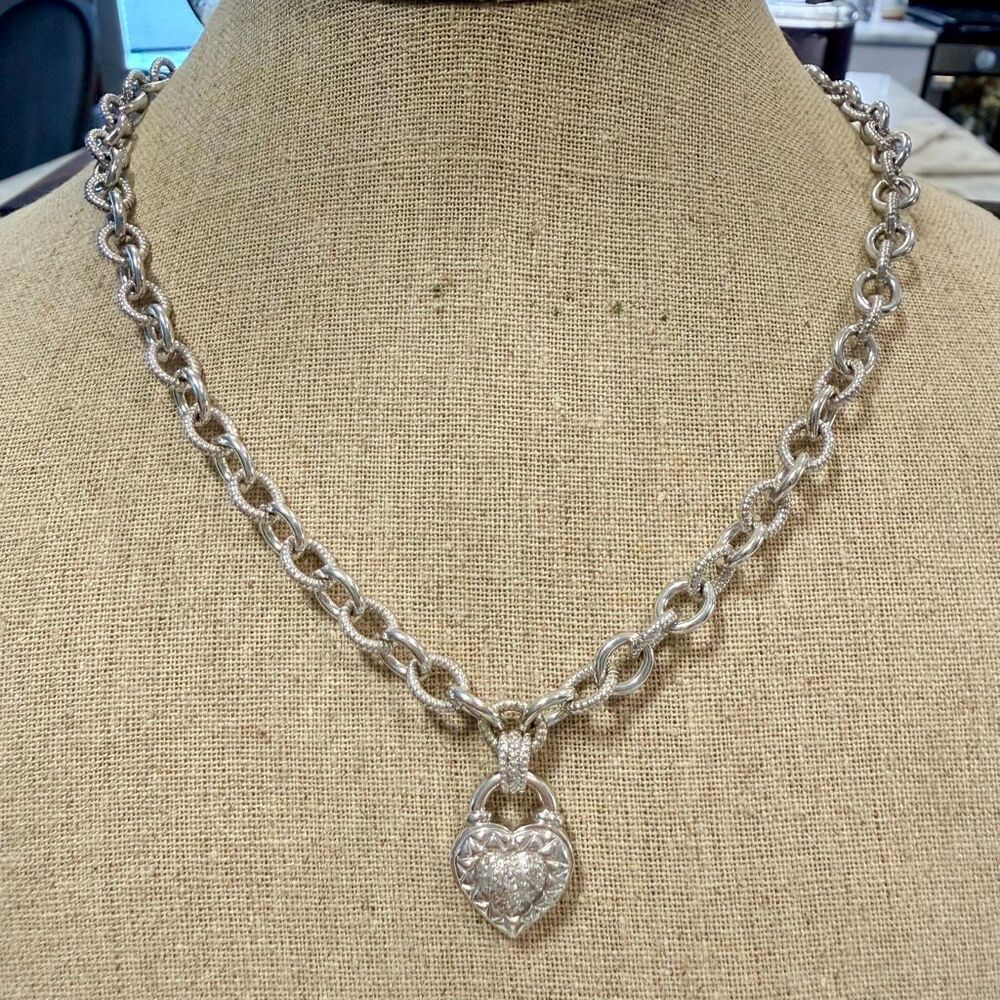 Sterling Silver 925 Pave Diamond Padlock Heart Pendant Necklace
